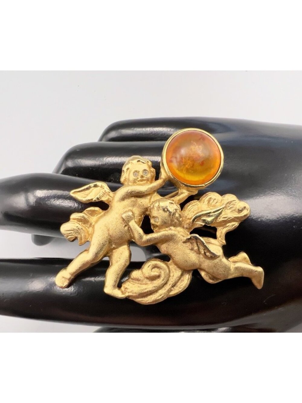 Vintage Signed LS Louis Stern Cherub Angel Brooch Gold Tone Amber Cabochon Pin